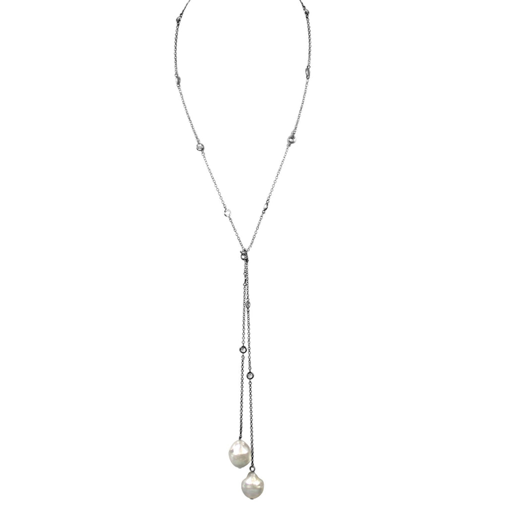 Zirconmania - Zirconite by the Yard Lariat Finished with Two Extra Large Genuine Baroque, Fresh Water Pearls Necklace, Lariat Black Chain with Grey Pearls - BZBYX36P