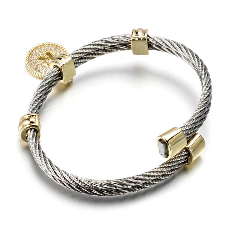 Two Tone Stainless Steel Cable Initial Charm Bracelet/Bangle. 500B
