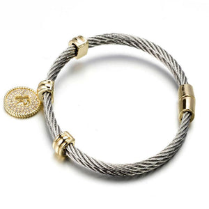 Two Tone Stainless Steel Cable Initial Charm Bracelet/Bangle. 500B