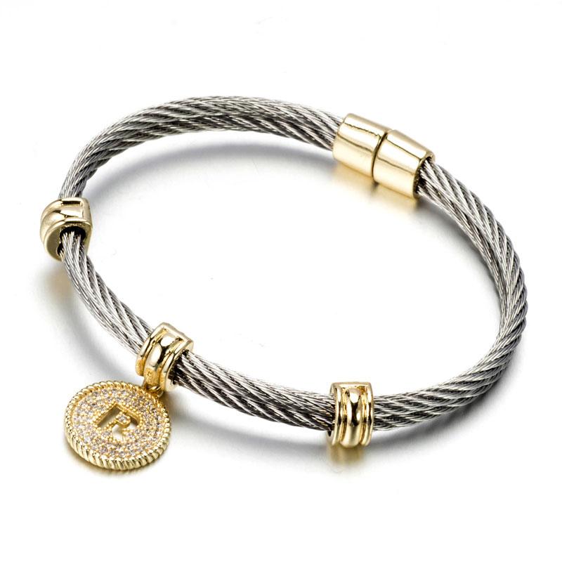 Two Tone Stainless Steel Cable Initial Charm Bracelet/Bangle