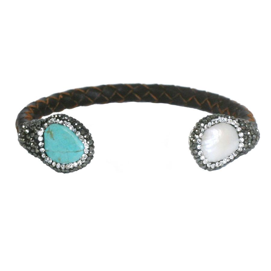 Boho with a Modern Twist Braded Leather Jeweled Turquise and White Pearl Bracelet 696B4357
