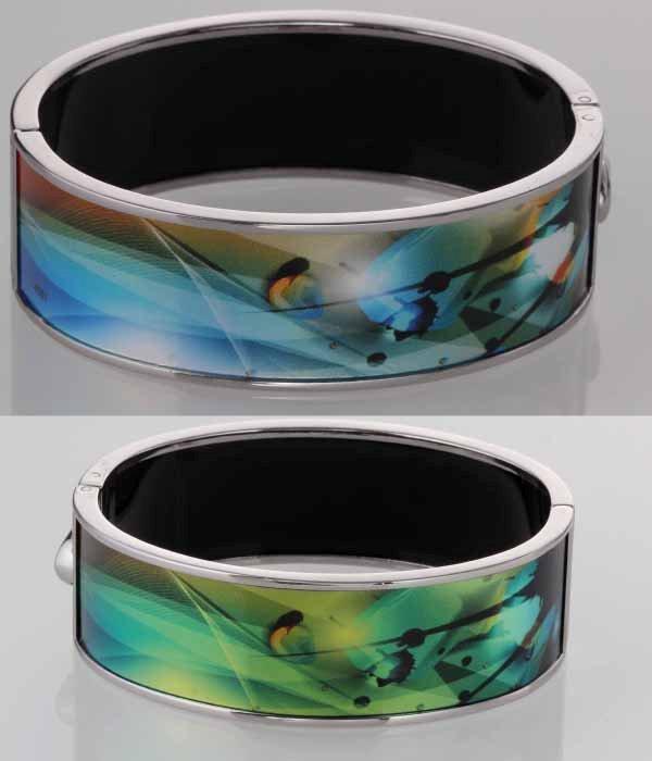 High definition photo printed enamel Cloisonné hinged gold extra wide Bangle 500B3703X