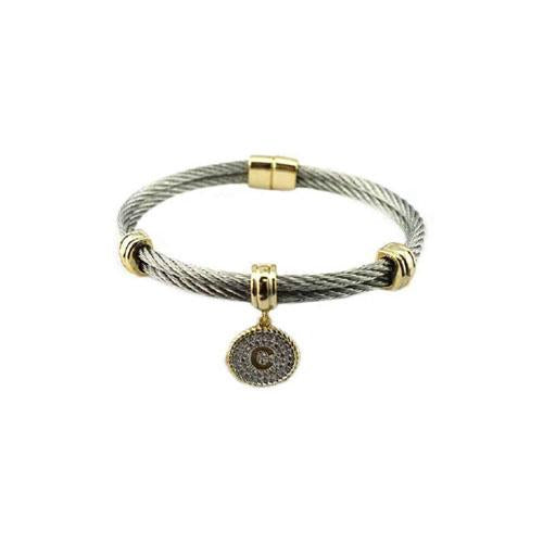 Two Tone Stainless Steel Cable Initial Charm Bracelet/Bangle. 500B