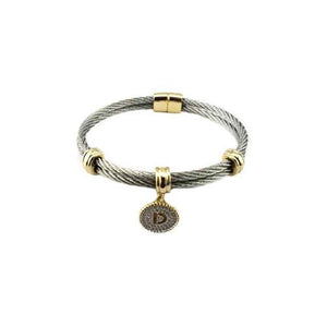 Two Tone Stainless Steel Cable Initial Charm Bracelet/Bangle. 500B
