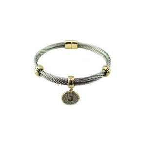 Two Tone Stainless Steel Cable Initial Charm Bracelet/Bangle. 500B