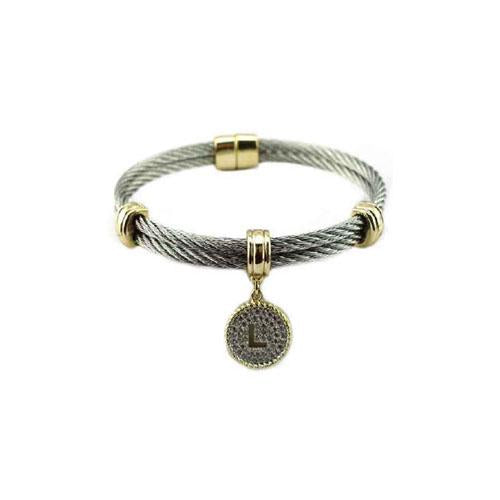 Two Tone Stainless Steel Cable Initial Charm Bracelet/Bangle. 500B