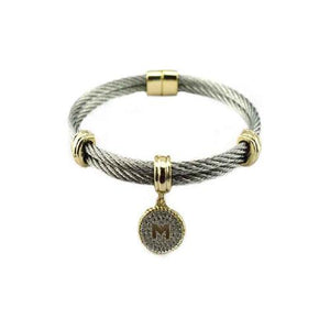 Two Tone Stainless Steel Cable Initial Charm Bracelet/Bangle. 500B