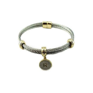 Two Tone Stainless Steel Cable Initial Charm Bracelet/Bangle. 500B