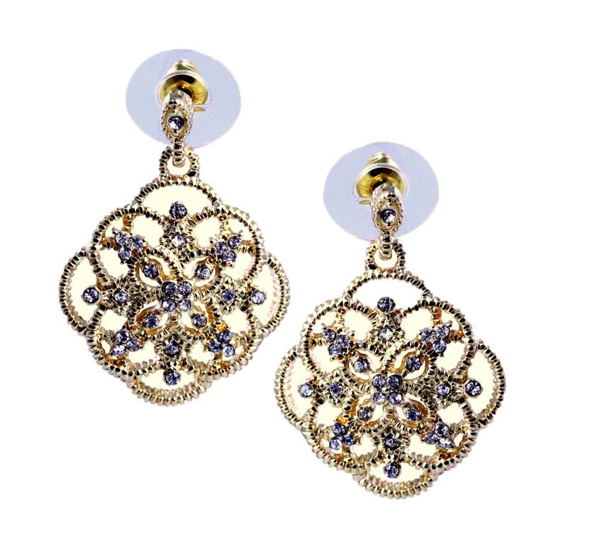 EARRINGS Dangling gold filigree medallion  features crystal stone details 500E-0167