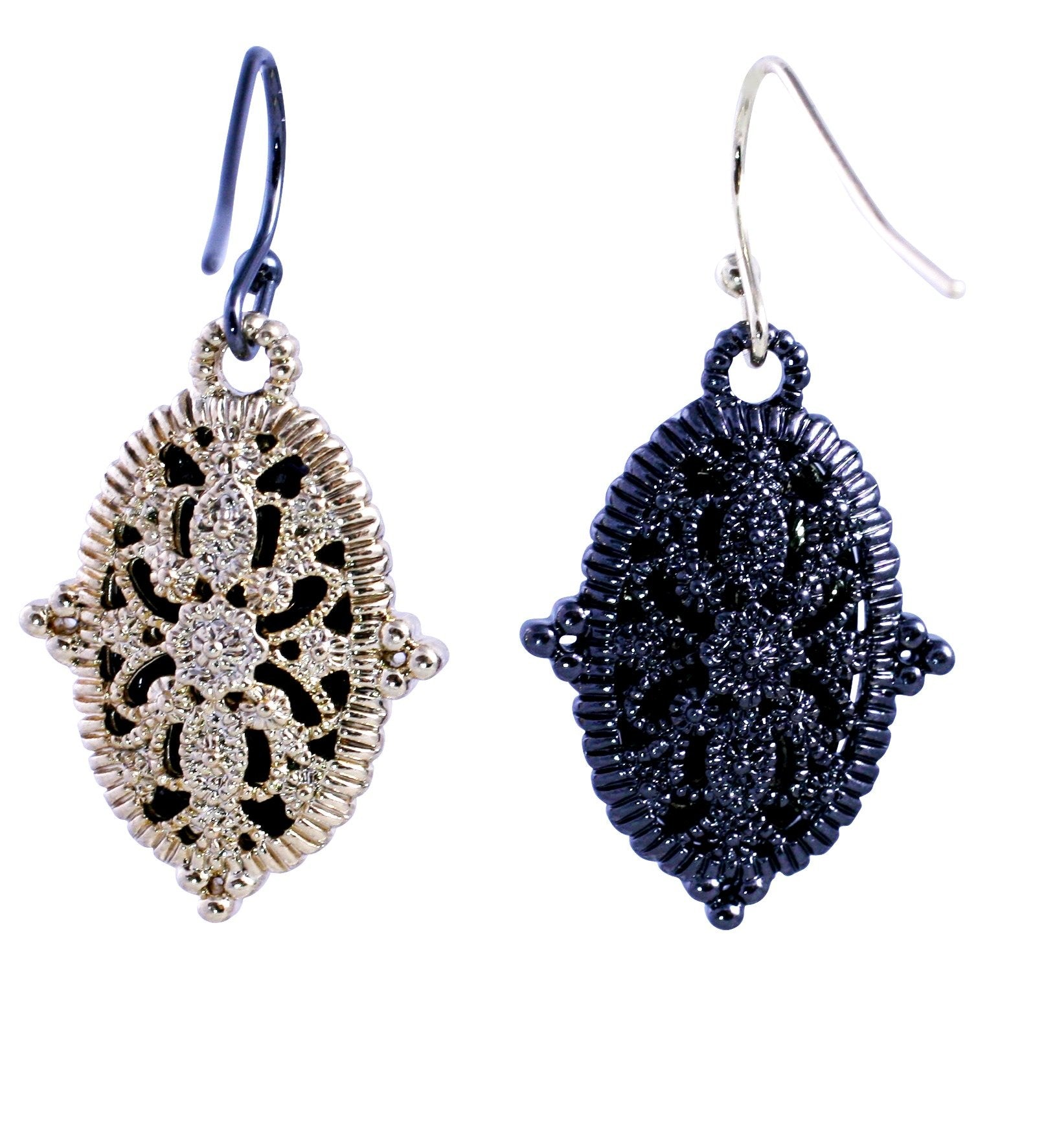 Textured Hematite and Gold tone Crystal stone pave oval earrings 500E-114