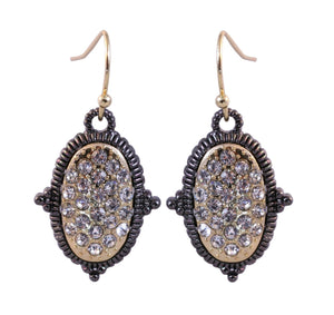 Textured Hematite and Gold tone Crystal stone pave oval earrings 500E-114