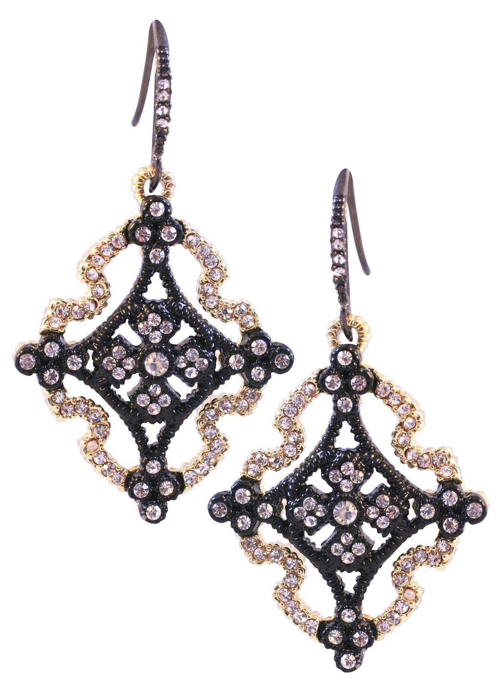 Earrings  Hematite and satin gold dangling hook  featuring an open Textured Celtic Cross finished with crystal stone details 500E1913