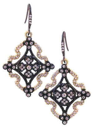 Hematite and satin gold dangling hook earrings featuring an open Textured Celtic Cross finished with crystal stone details 500E1913