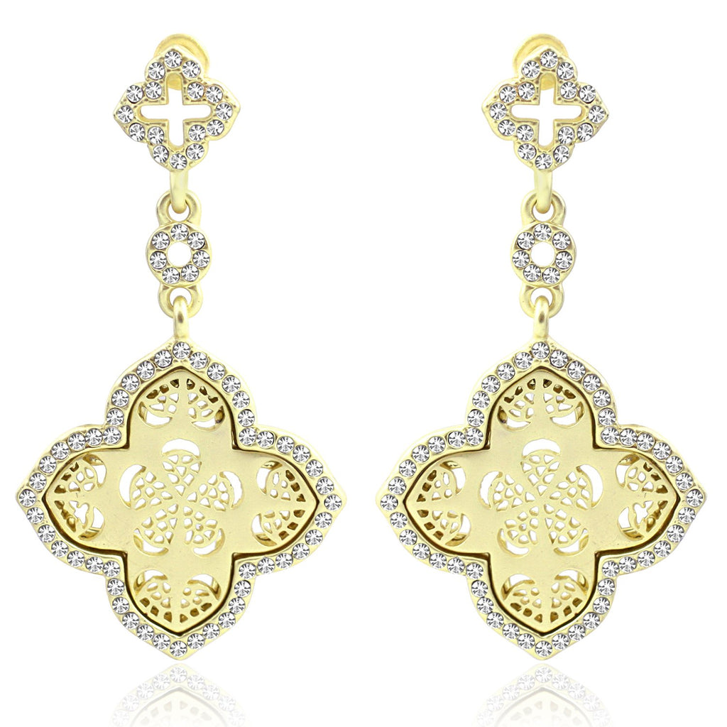 Two tier dangling satin gold clover earring with filigree design set with crystal stones along the border  500E2113