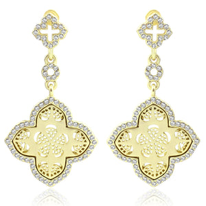 Two tier dangling satin gold clover earring with filigree design set with crystal stones along the border  500E2113