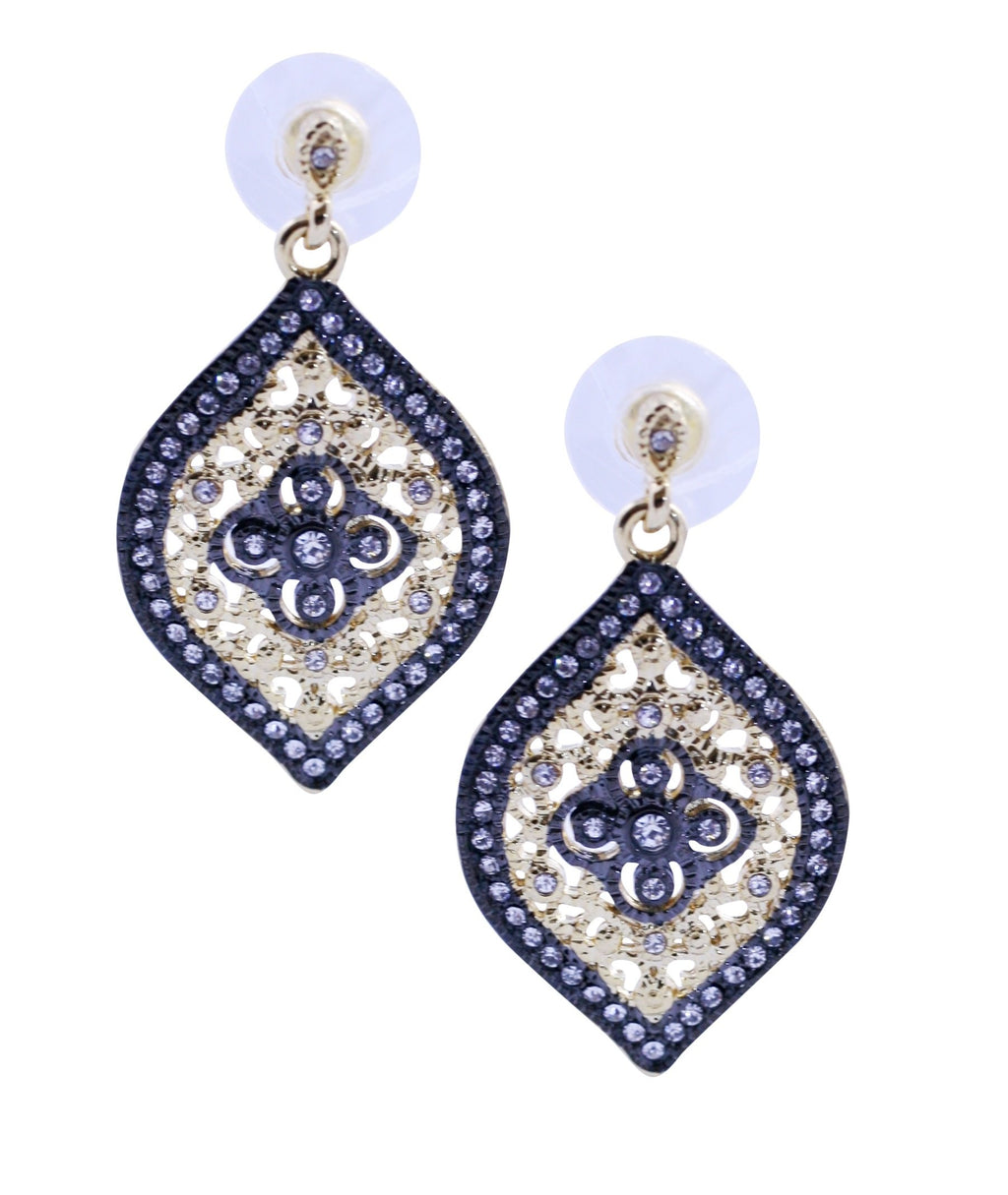 Zirconmania Earrings Oval Crystal Drop, 500E2360: Elegant two-tone gold earrings feature a filigree design with sparkling crystals in an ornate teardrop shape, attached to round translucent backings.