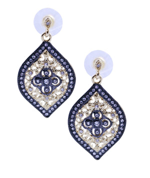 Zirconmania Earrings Oval Crystal Drop, 500E2360: Elegant two-tone gold earrings feature a filigree design with sparkling crystals in an ornate teardrop shape, attached to round translucent backings.