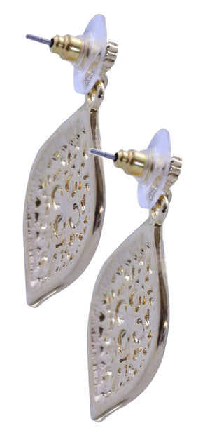 A pair of zirconmania Earrings Oval Crystal Drop with filigree design (500E2360), featuring intricate cutouts and clear plastic backings, is shown on a white background.