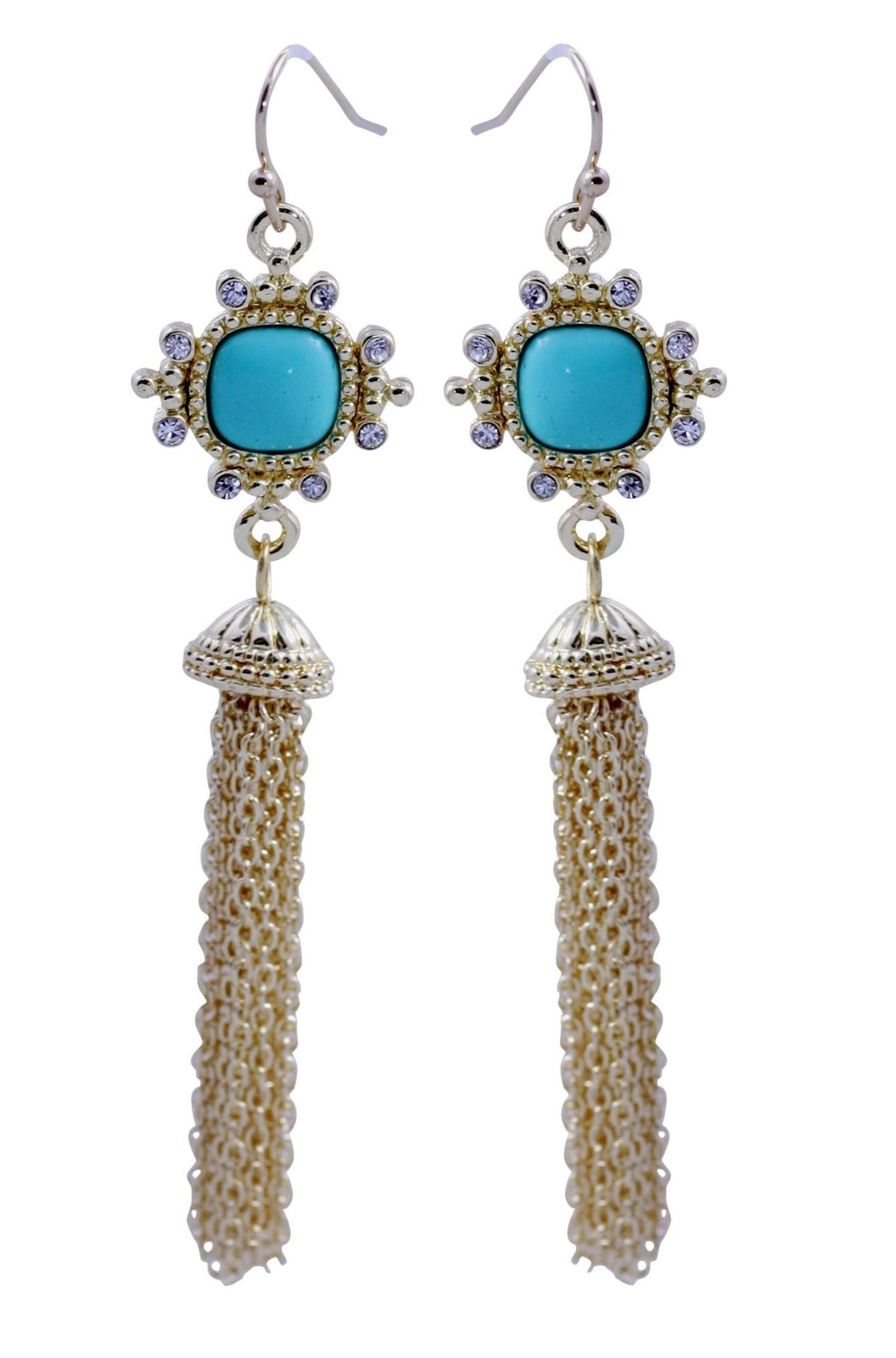 Turquoise cushion cut square gold plated tassle earring detailed with crystal stones, finished with fish hook 500E2582