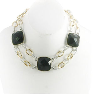 Gold and Silver Toned Double Link Chain Station Necklace with Three Briolette Cut Black Stones Lobster clasp with 2" extention chain