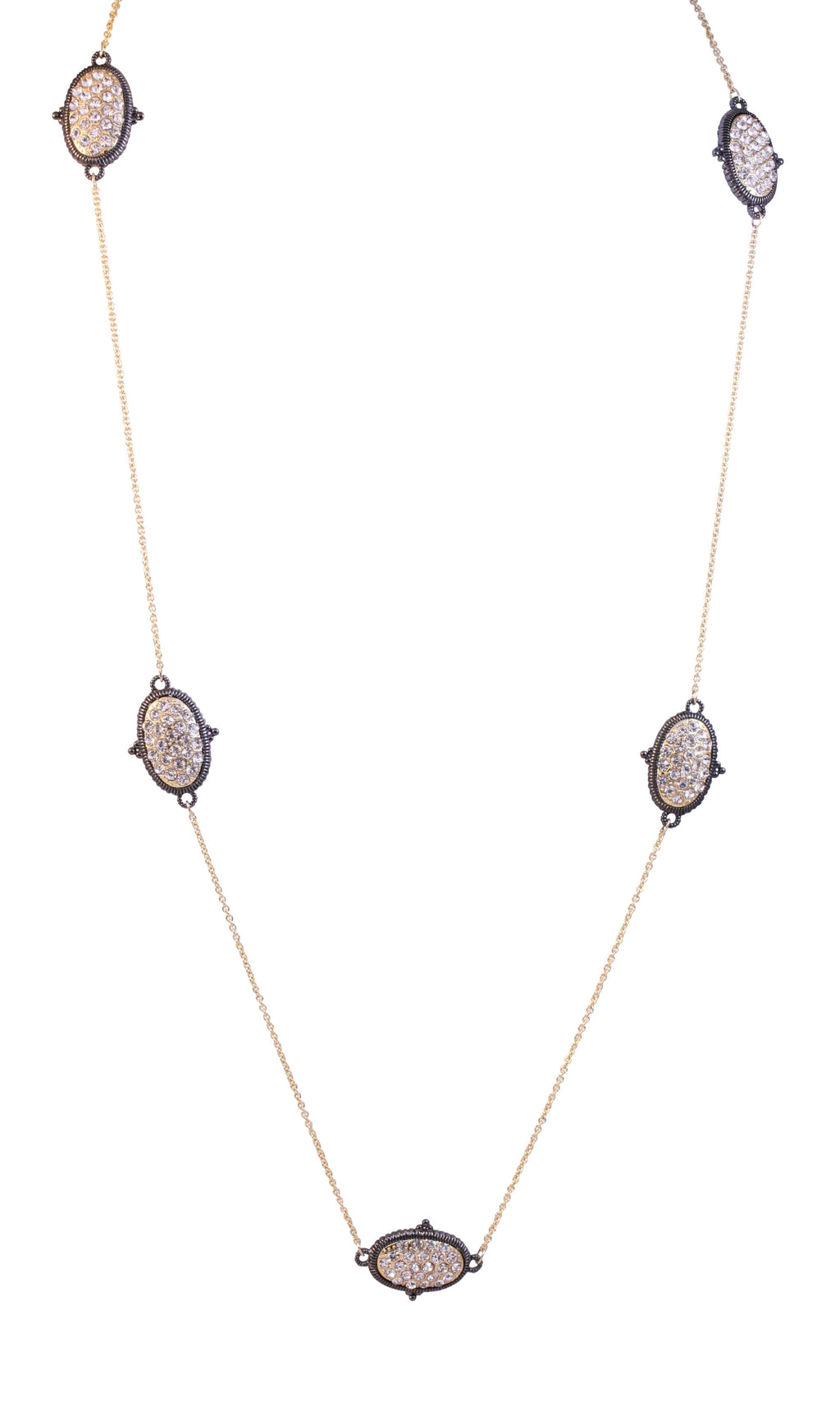 Textured Hematite and Gold tone Crystal stone pave oval station necklace 500P-114