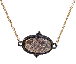 Textured Hematite and Gold tone Crystal stone pave oval station necklace 500P-114