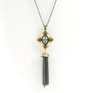 Vintage Tassel Black and Gold Cross Pendant With Oval Cut Cubic Zirconia Center Stone Micropaved With CZ on an Anchore Link Chain 