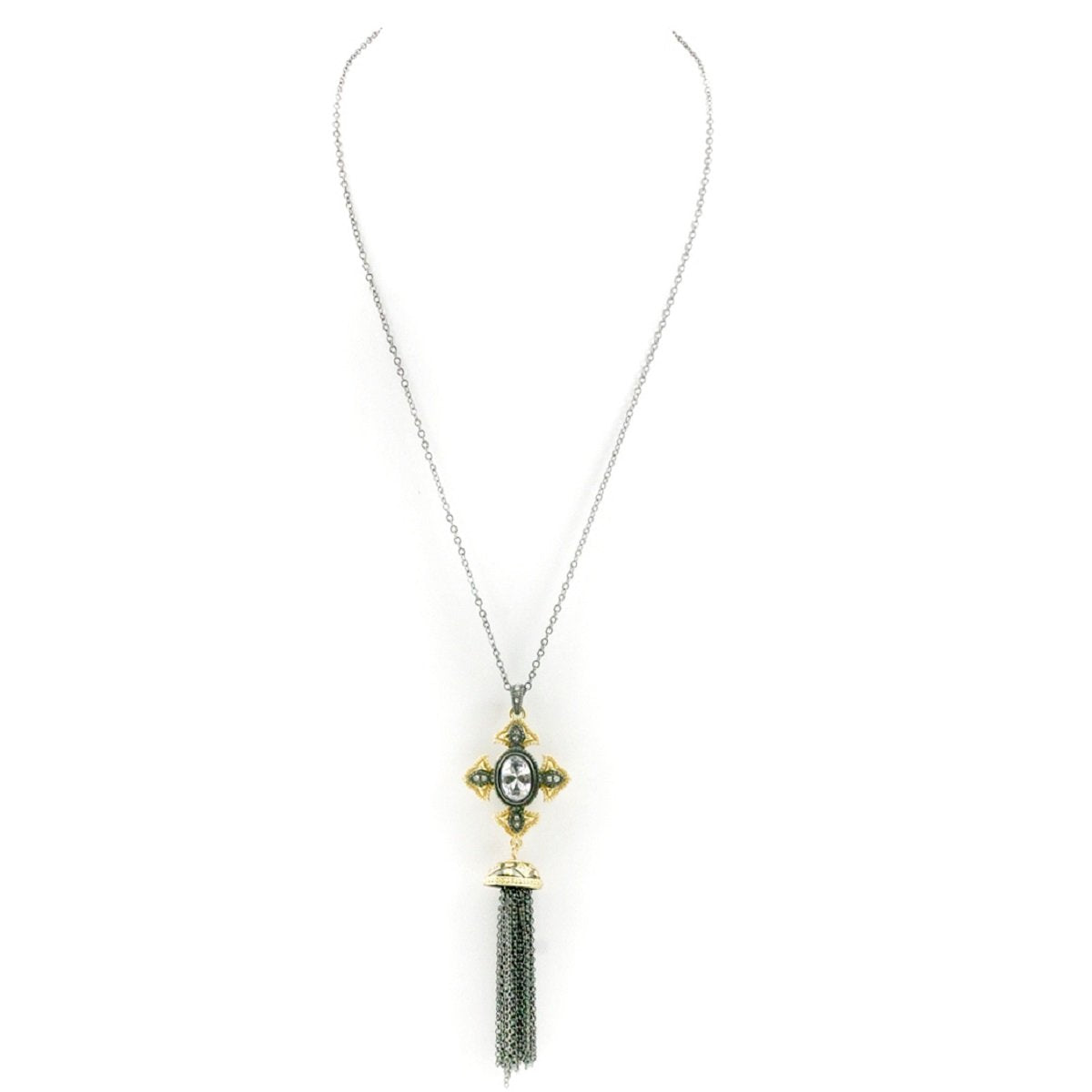 Vintage Tassel Black and Gold Cross Pendant With Oval Cut Cubic Zirconia Center Stone Micropaved With CZ on an Anchore Link Chain 500P2505