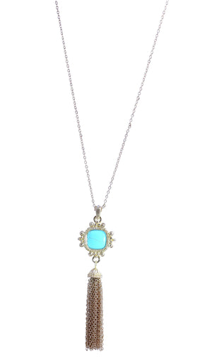 Long 30'' Turquoise cushion cut square gold plated tassle necklace detailed with crystal stones 500P2582