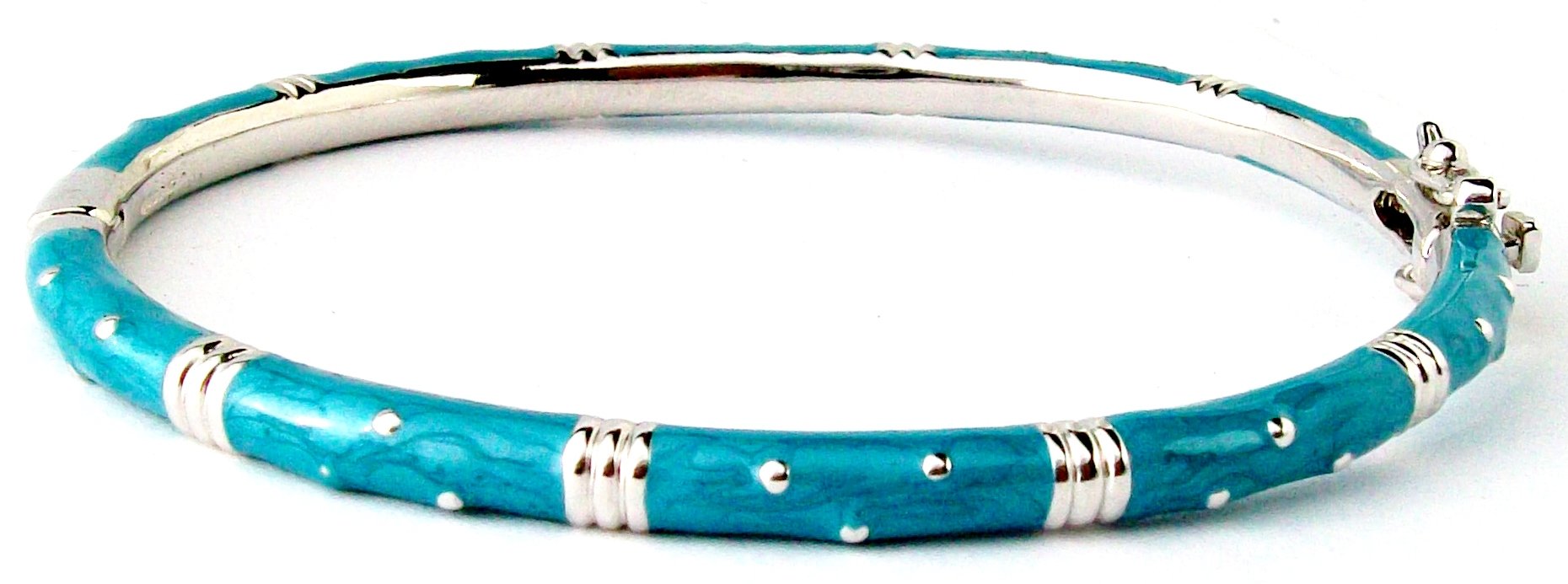 The zirconmania Bracelet Thin Gold tone Enamel Bangle 501B5339 features turquoise enamel sections, delicate white dots, and evenly spaced silver bands for a refined, elegant look.