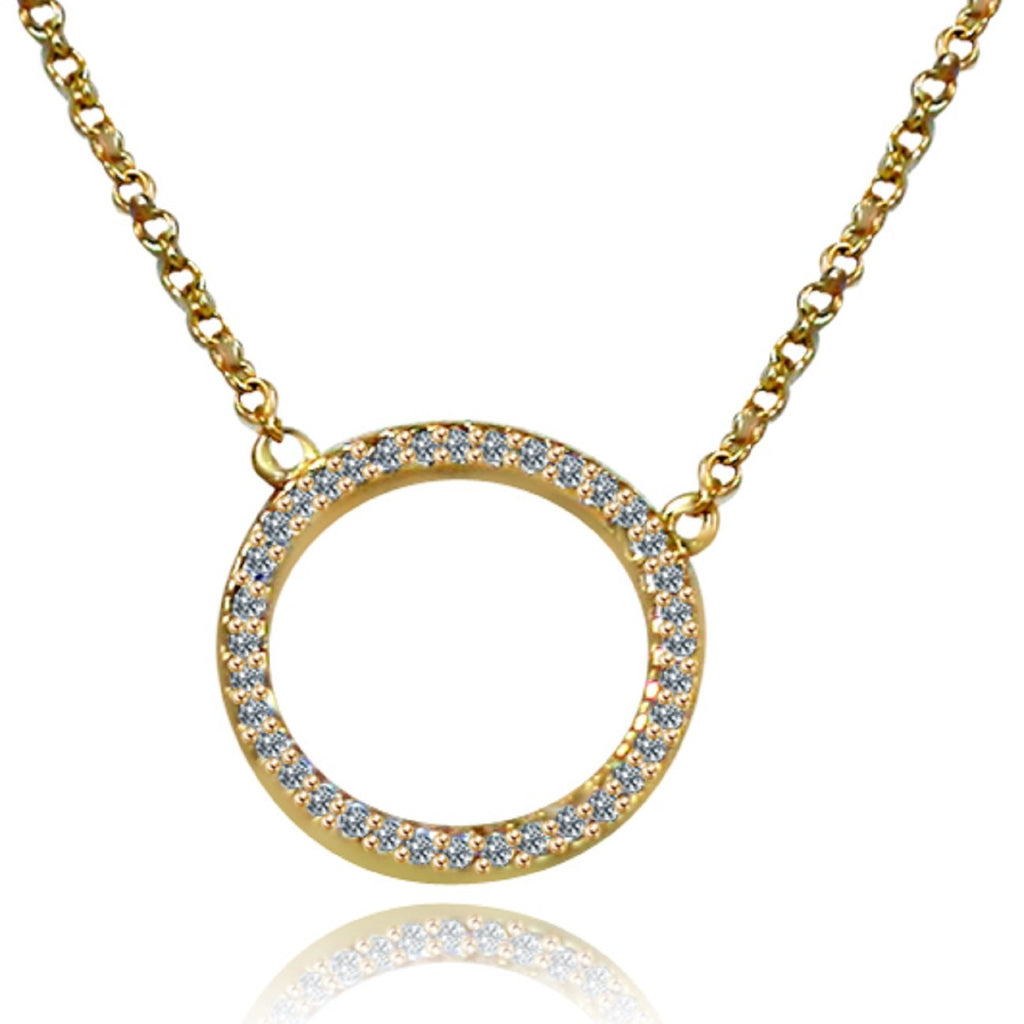 Golden Circle Pendant Paved with Cubic Zirconia on a Link Chain in 925 Sterling Silver