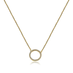 Golden Circle Pendant Paved with Cubic Zirconia on a Link Chain in 925 Sterling Silver 501P-923