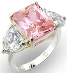 The zirconmania Ring Cubic Zirconia Sterling Silver 501R34103 features a large rectangular pink cubic zirconia centerpiece, accented by two smaller pear-shaped clear stones on each side.