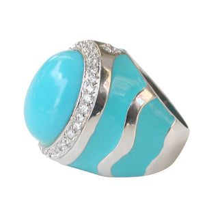 turquoise ring with centered dome enamel stone bordered around with pave Sterling silver Ring