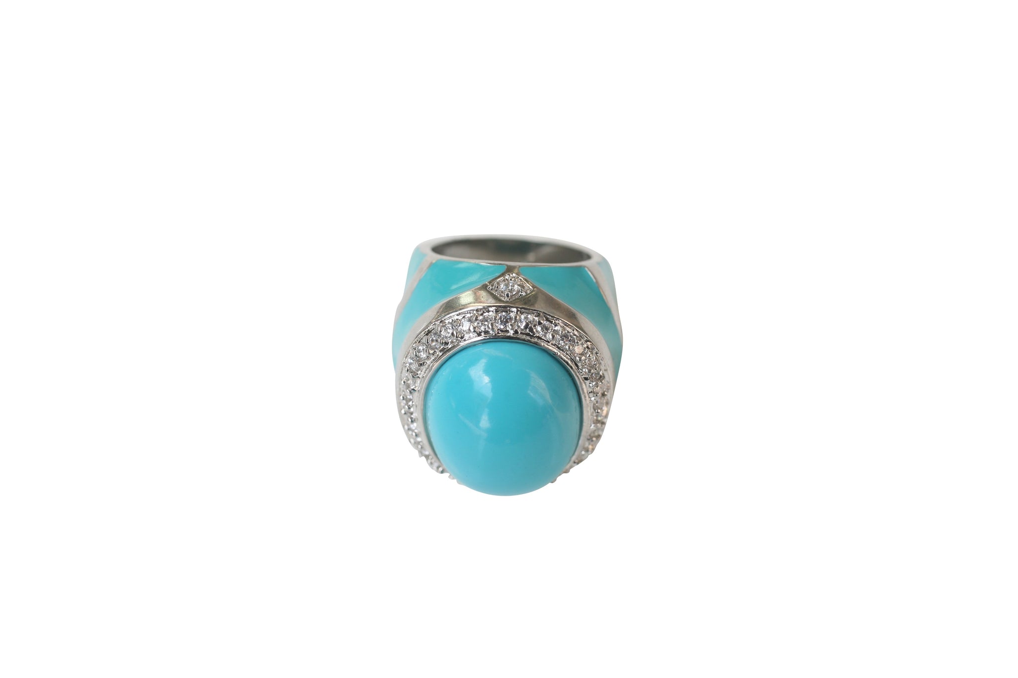 turquoise ring with centered dome enamel stone bordered around with pave Sterling silver Ring