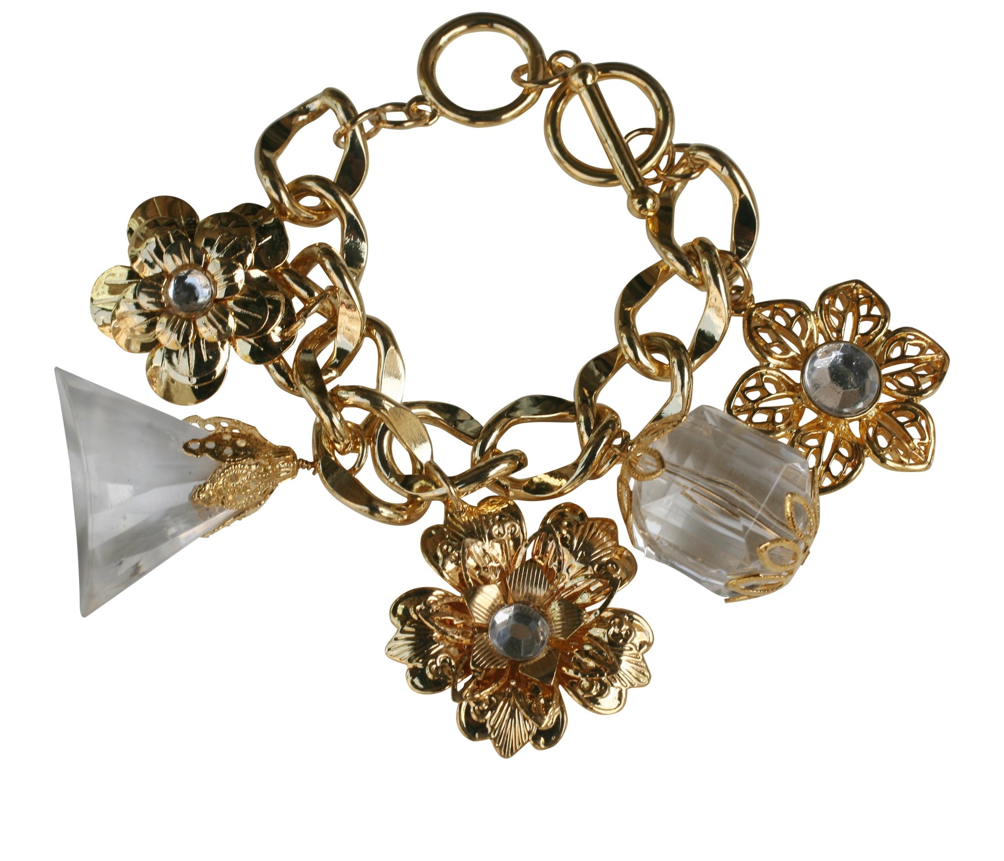 Chain link charm bracelet with dangling faceted stone charms and flowers