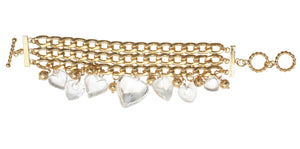 Three row flat curved chain link charm bracelet with multi size dangling heart shape charm.543B03