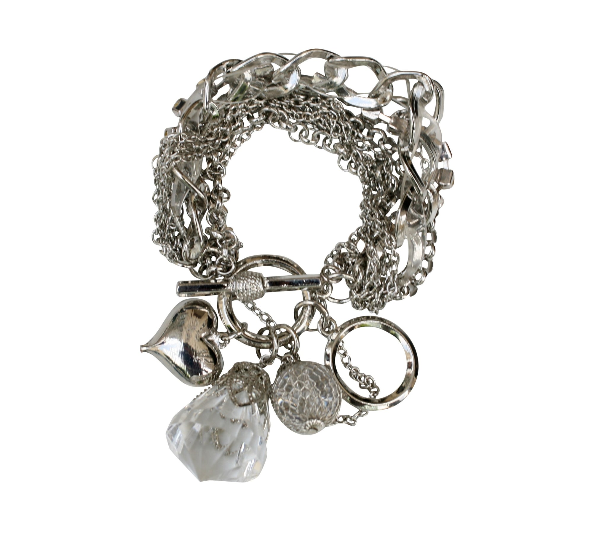 Multi strand chain link charm bracelet with a strand of round clear stones 610B09
