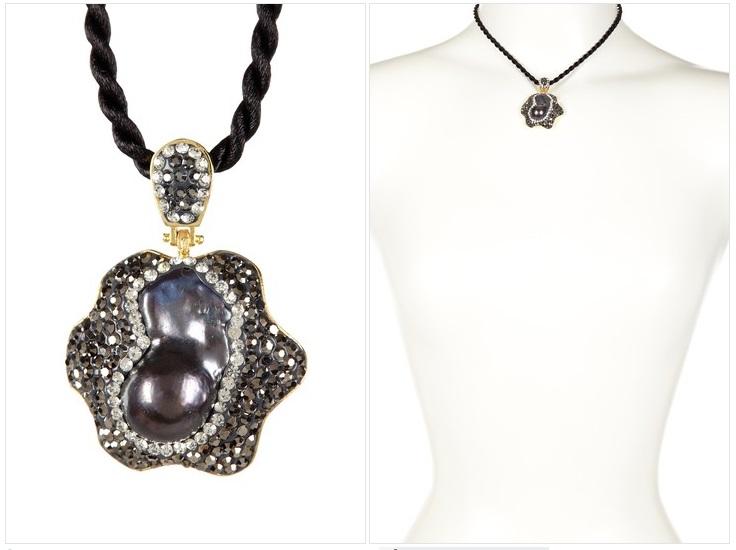 Designer pendant w/hinged bail top enhanced with large Free-form Biwa pearl in the center, embellished by clear and black diamond crystals 543P105