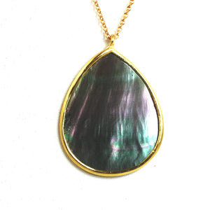 Elegent large Pear 2-tone sheamering Abalone Pendant on 30" Sterling silver Vermeil fine Chain 543P56V
