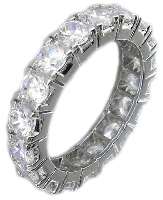 The zirconmania Ring 5MM Cubic Zirconia S/S RC38 is a sterling silver eternity band set with round clear cubic zirconia stones, shown on a white background.
