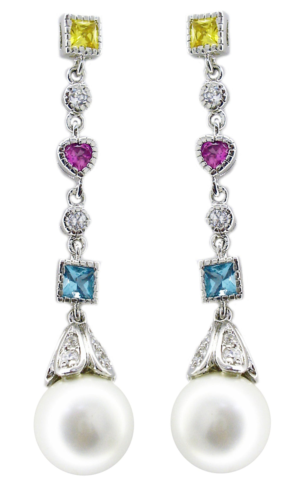Multicolor/Shape Cz Earring+Pearl Drop in S/S