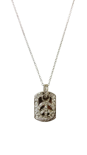 dog tag with bordered CZ pave featuring an electroplated pave peace sign charm S/S .582P2631