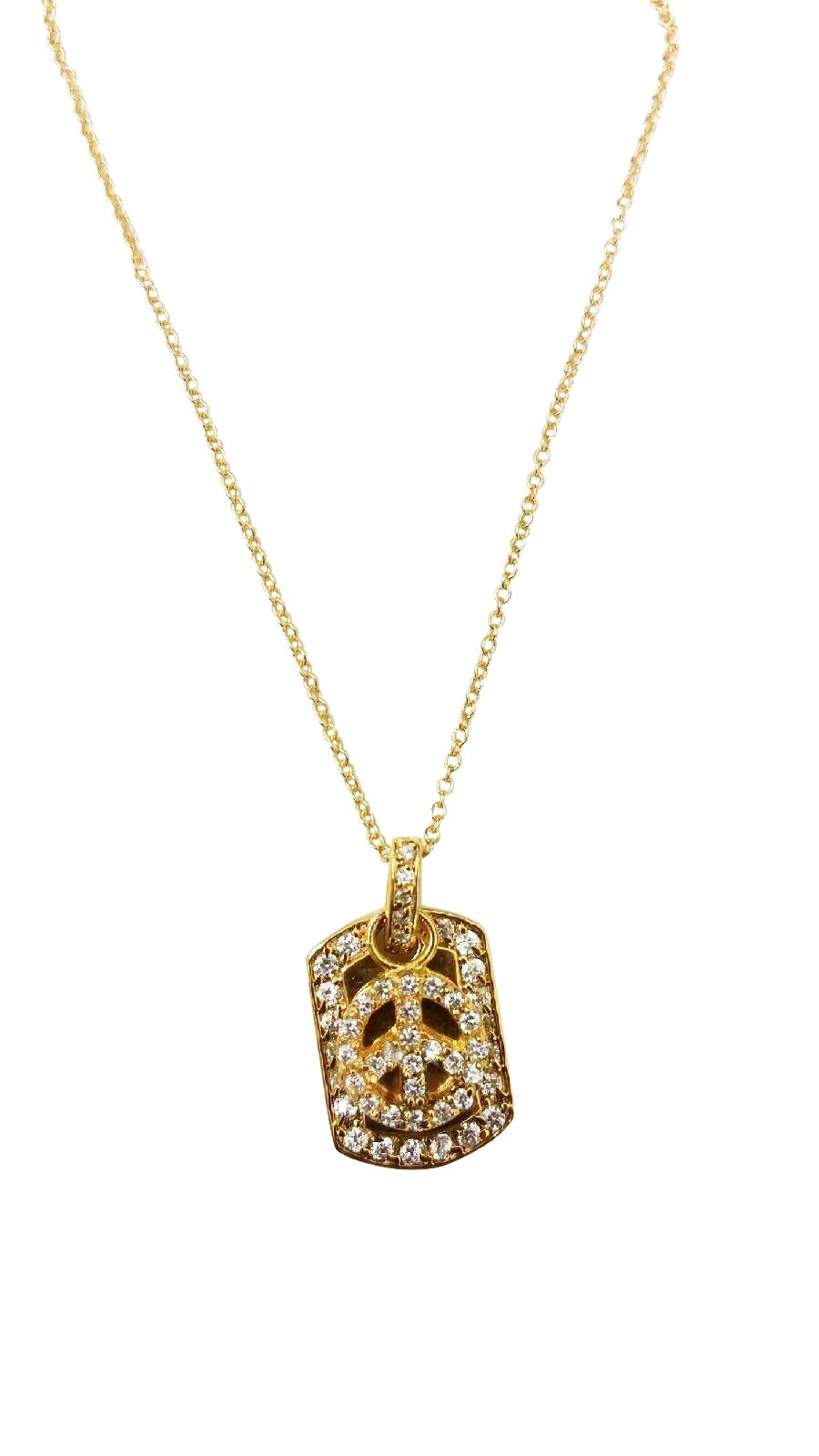 dog tag with bordered CZ pave featuring an electroplated pave peace sign charm S/S .582P2631