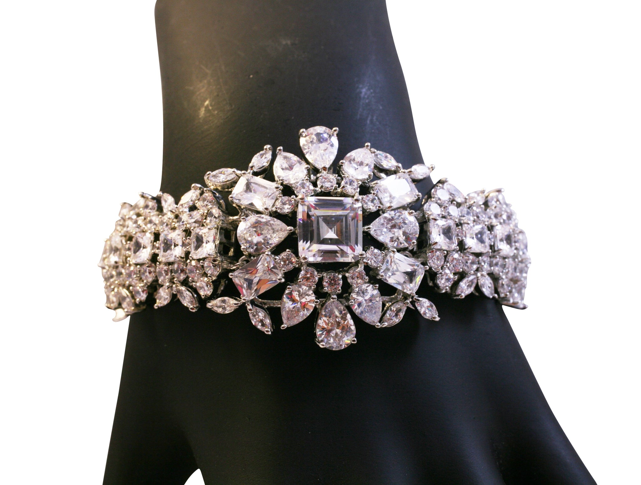 Fancy floral cluster multi-shape CZ statement bracelet  featuring high quality Zirconite cubic zirconia that are prong set and clustered together for a truly decadent piece 603B-206