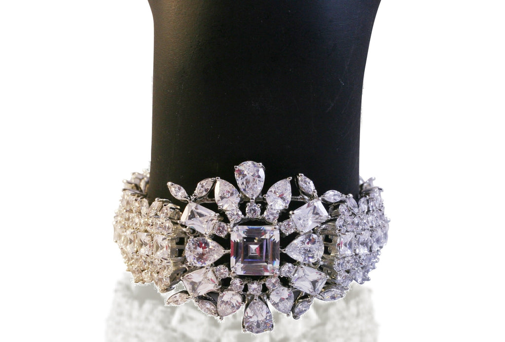 Fancy floral cluster multi-shape CZ statement bracelet  featuring high quality Zirconite cubic zirconia that are prong set and clustered together for a truly decadent piece 603B-206