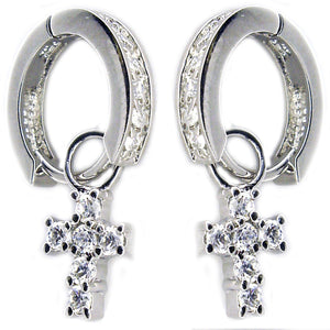 Earring Huggie Chn Set Rd Cz Cross in S/S Rhodium