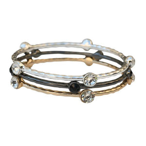Three set electroplated hammered bangles with round crystal stone stations