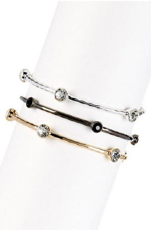 Three set electroplated hammered bangles with round crystal stone stations