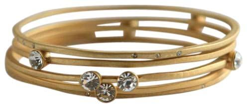 The zirconmania Bracelets Gold Stack-able .622B0102 features multiple overlapping gold bands with small, round clear gemstones set at intervals along the design.